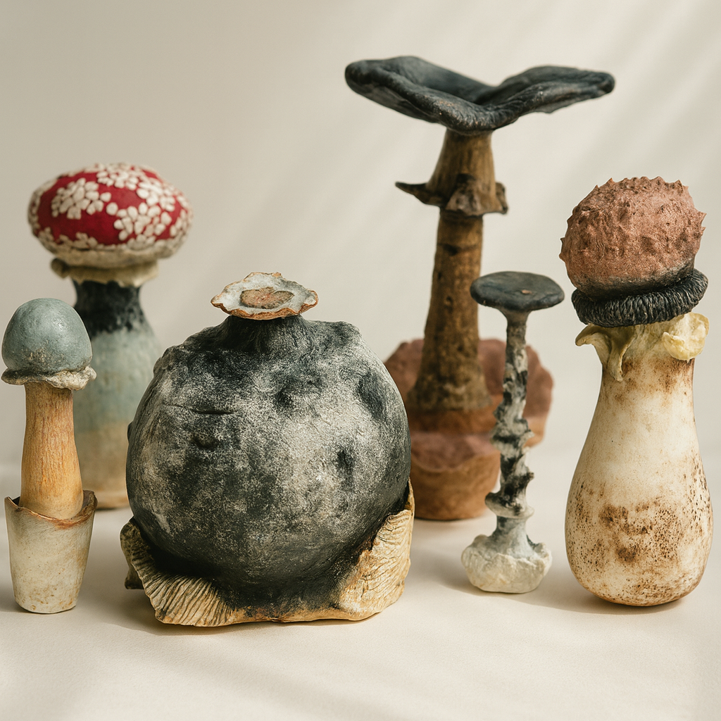Collection of unique ceramic art pieces resembling mushrooms on a neutral background